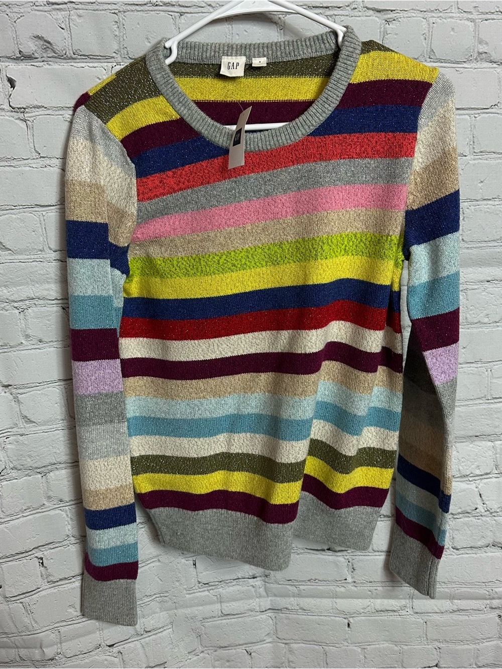 GAP Multi-Stripe Crewneck Sweater in Yellow, Pink, Blue, Red, Gray